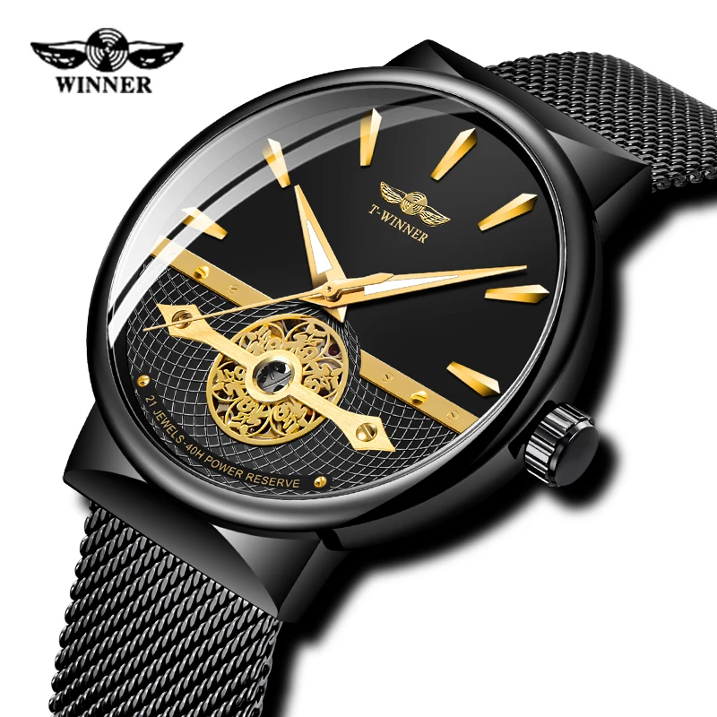 

WINNER Skeleton Watch Top Luxury Brand Automatic Mechanical Watch Mesh Steel Band Bracelet Tourbillon Montre Homme