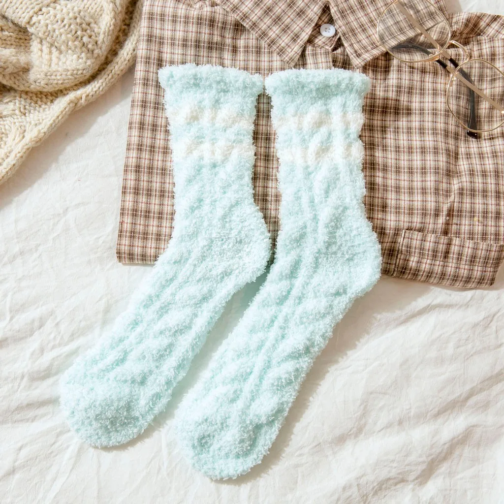 Женские носки; сезон осень-зима; полосатые плюшевые носки-тапочки; плотные теплые носки из кораллового флиса; милые женские носки для девочек; цвет мятный, зеленый