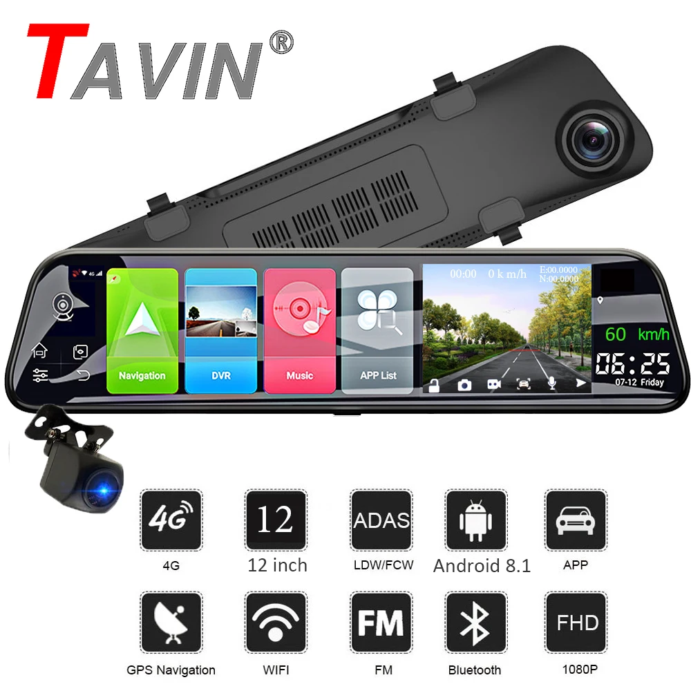 

TAVIN 4G WIFI DVR Android 8.1 Wide Angle 12 Inch 1080P Touch Screen Dash Cam Rearview Buletooth Mirror GPS Radar Detectora