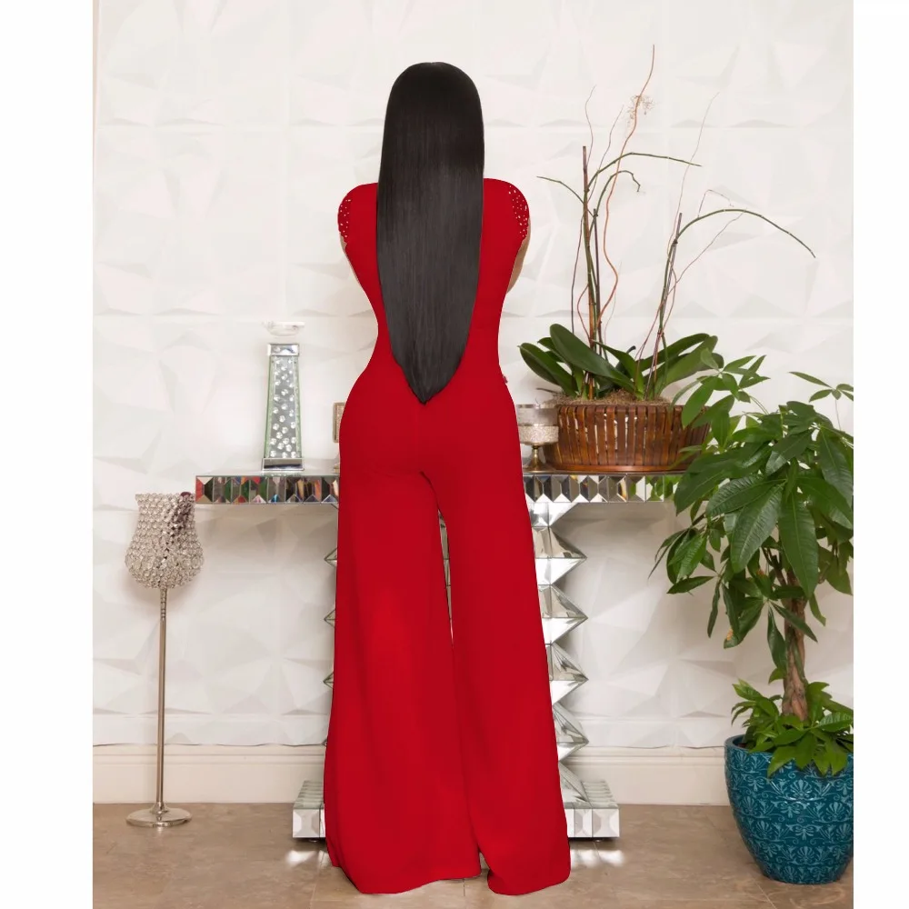 Lemon Gina new Sexy Deep V-Neck Short Sleeve Wide Leg High Waist Sash Bodysuit jumpsuit YM-8429
