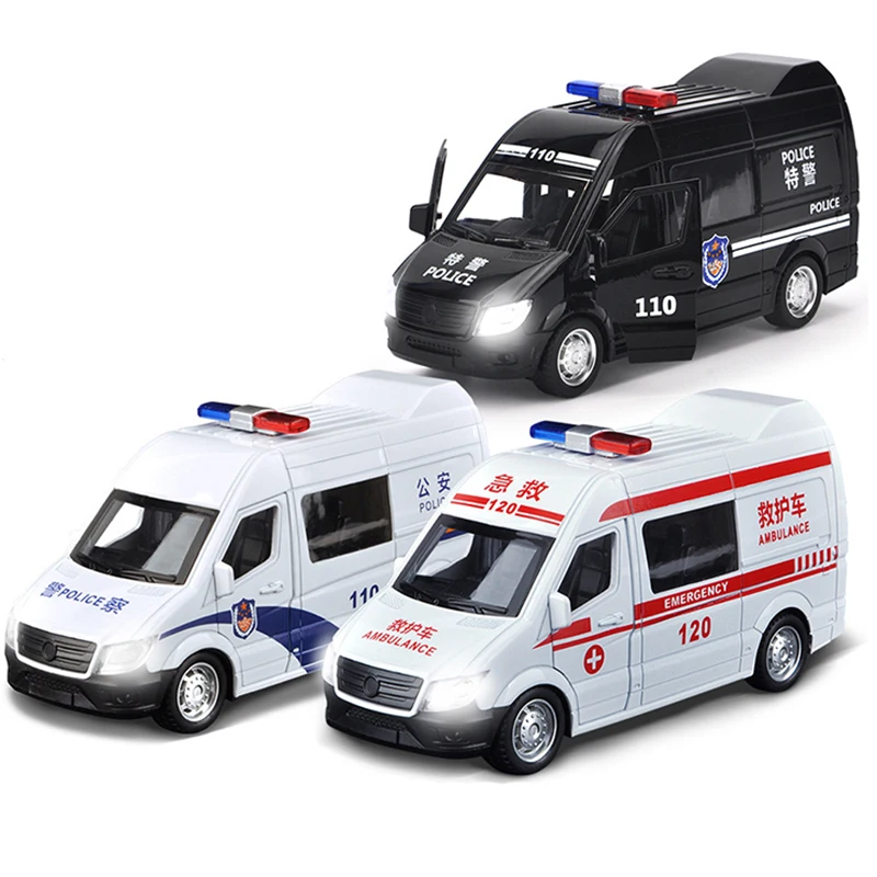 Sound Light Ambulance Police Car Model Pull Back Alloy Diecast DHL Ambulance Fire Vehicle Police Truck Toy for Boy Children Y177 6pcs set boys construction vehicle fire truck model set mini pull back car toy children birthday holiday gift