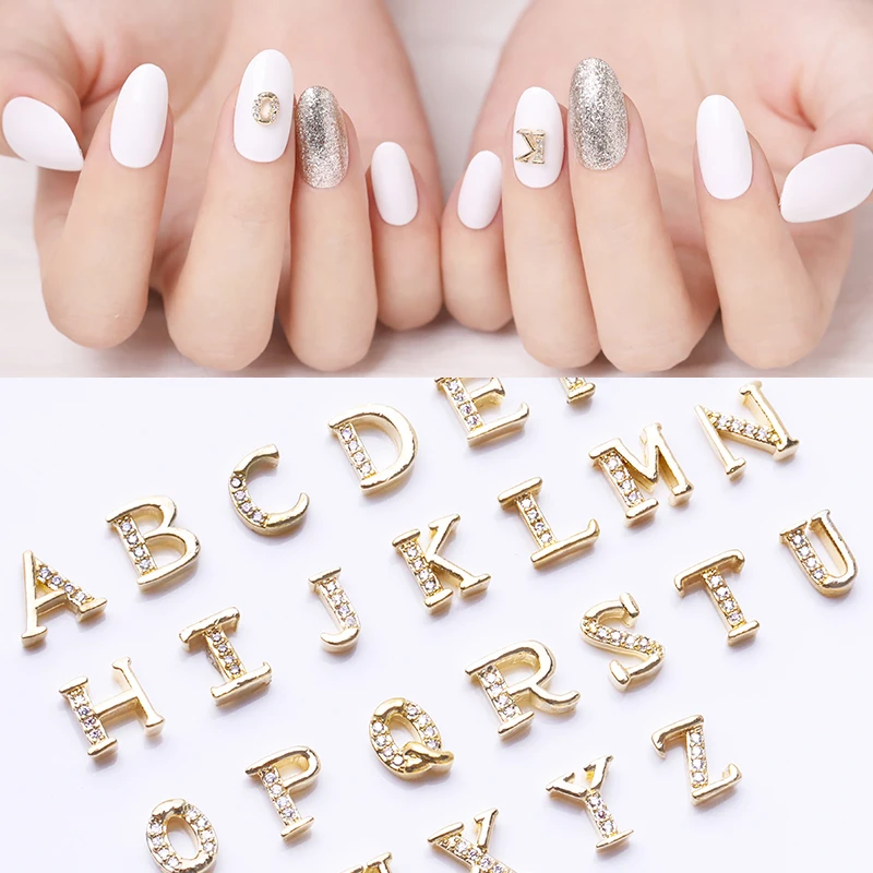 

Crystal Nail Art Decorations Jewelry Flat Back 3D Nail Rhinestones Capital English Letters Shaped Mental Nail Accessories