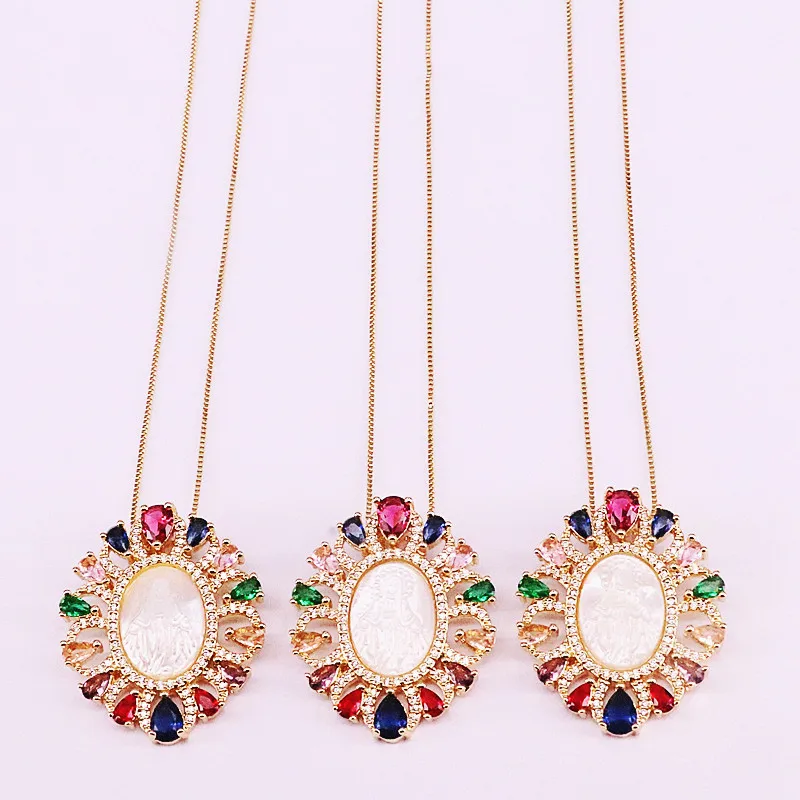 

6PCS, New Sparking Colorful CZ Micro Paved Virgin of Jesus / Mary Shell Pendant Fashion Gold Filled Necklaces