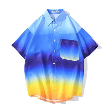 

#3869 Gradation Color Beach Shirt For Men Short Sleeves Summer Tops Casual Printed Hawaii Shirt Loose Streetwear Hip Hop Shirt