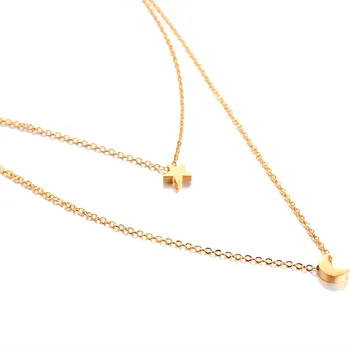 

FashiOnable Fashion Accessories Titanium Steel Gold Plated Star Moon Creative Double Necklace Clavicle Chain