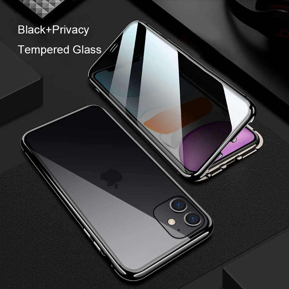 Защитный металлический магнитный чехол из закаленного стекла для iPhone 11 Pro MAX XS XR X 8 7 6 6s Plus, двусторонний стеклянный Магнитный чехол - Цвет: Black Privacy Glass