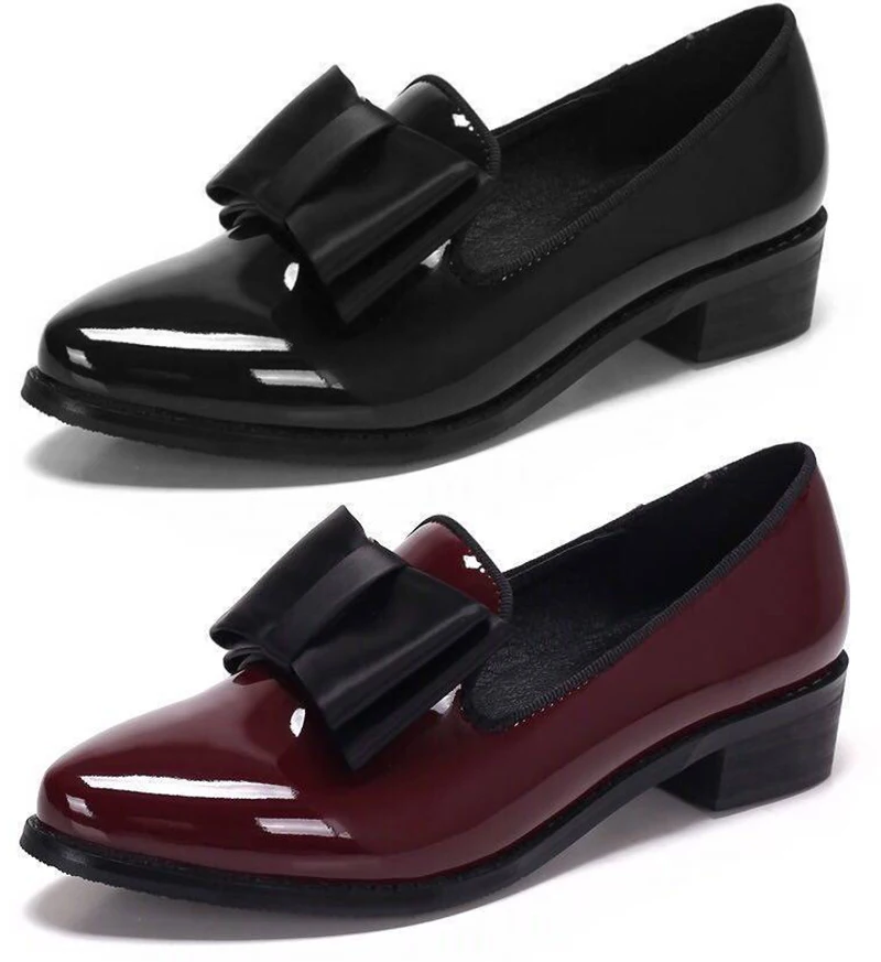 Женские кожаные туфли с острым носком на низком каблуке; сезон весна; женская обувь на высоком каблуке; Цвет Черный; zapatos mujer; женская обувь для вечеринок с бантом-бабочкой