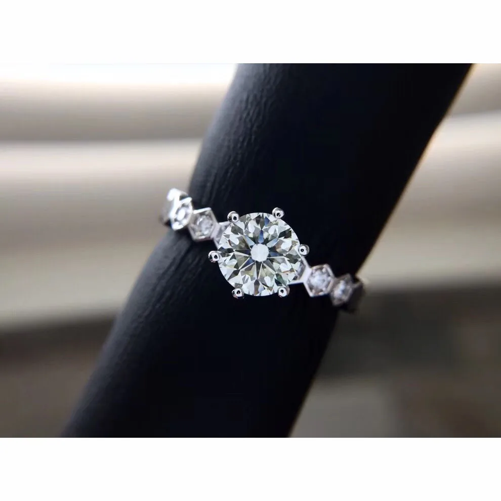 

Custom Made 14K White Gold Moissanite Ring Honeycomb Shape Engagement Anniversary Moissanite jewelry 6 claws