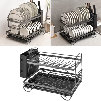 

1 Pc Double Layer Dish Drainer Kitchen Cutlery Drain Rack Plate Storage Organizer Dishes Plates Shelf (Dark Grey)
