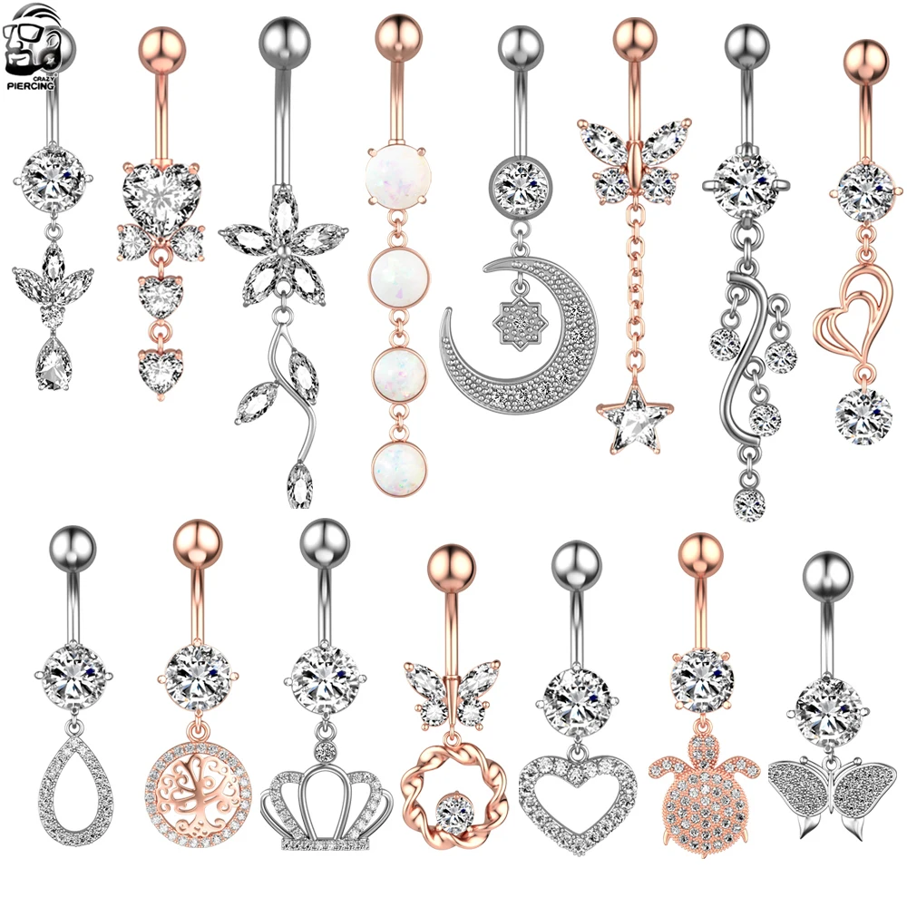 Piercing Jewelry Belly Button Earrings Belly Button Piercings Body Piercing Jewelry Body Jewelry 1pc Multi-Styles Heart Dangled Belly Navel Piercing Button Ring 14G Stainless Steel CZ Crystal Ombligo Oreja Woman