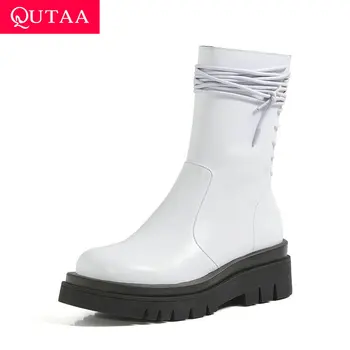 

QUTAA 2021 PU Cow Leather Ankle Boots Round Toe Lace Up Zipper Ladies Shoes Autumn Winter Square Heel Women Shoes Size 34-42