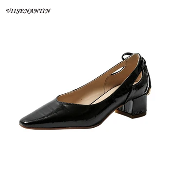 

Simple Korean Style Stone Grain Cowhide Pointy Shallow Mouth Thick Heel Single Shoes Bow Knot Mid-heel Fairy Style High Heels