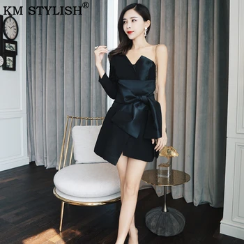 

KM STYLISH Sexy Black Vestidos Women Party Dress 2019 Fall/Winter New One Shoulder Slim French Black Irregular Lotus Dress Fema