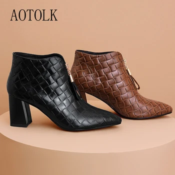 

Genuine Leather Ankle Boots Women Pointed Plaid Short Thick Heel Winter Shoes Zipper Non-slip Autumn Female Boots 2020 Fashion