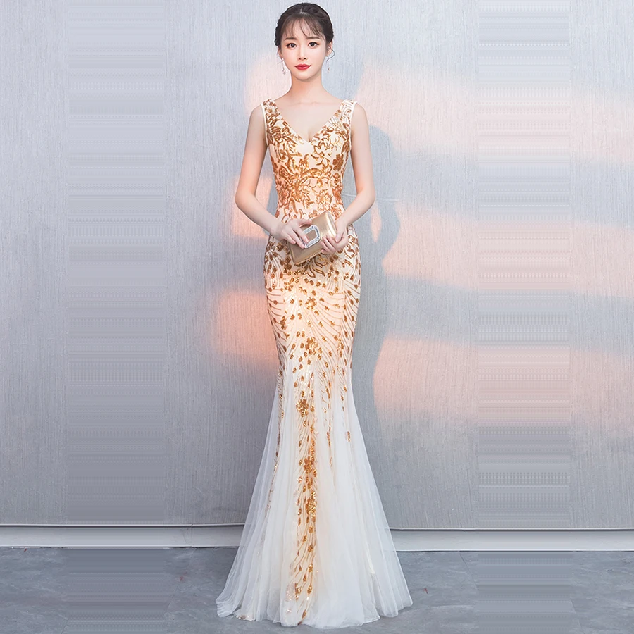 

Bling Sequin Floor Length Evening Dress Fromal Gown Sexy V-neck Backless Sleevelss Robe De Soiree Evening Dresses 2019 F244-6