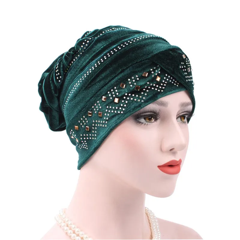 Золотые бархатные внутренние шапочки под хиджаб мусульманский тюрбан для женщин с бриллиантами этнический стиль обертывание головы