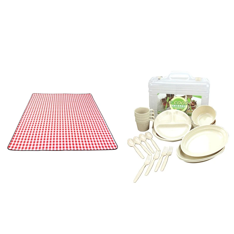 

2 Set Outdoor Picnic Barbecue Portable Tableware Kit: 1 Set Bowl Dish Cup Combination Kit & 1 Set Moisture-Proof Plaid Mat Thick