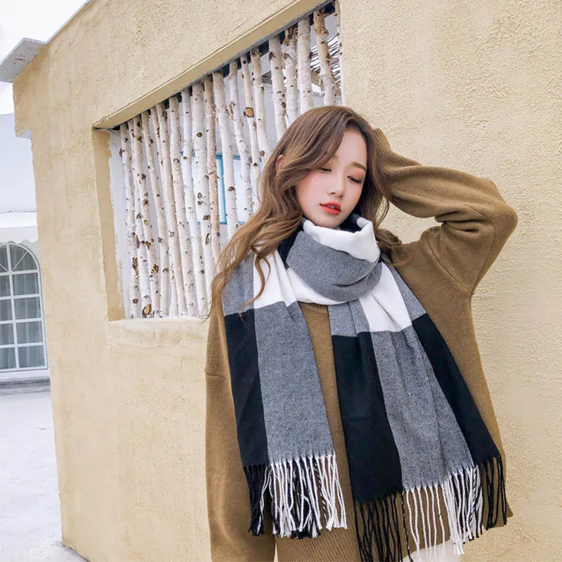 

Classic Plaid Winter Scarf For Women Winter Scarves Set Female Cashmere Tassel Shawl Scarf Hat Pashmina For Ladies
