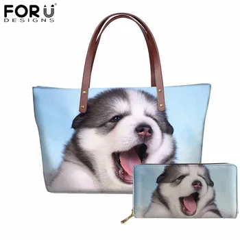 

FORUDESIGNS 2pcs/set Women Handbags Alaskan Malamute Printing Hand Bag&Leather Wallets Ladies Top-Handle Bags Females Bolsas