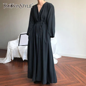 

TWOTWINSTYLE Minimalist Ruched Women's Dresses V Neck Long Sleeve High Waist Lace Up Maxi Dress Female 2020 Autumn Fashion Tide
