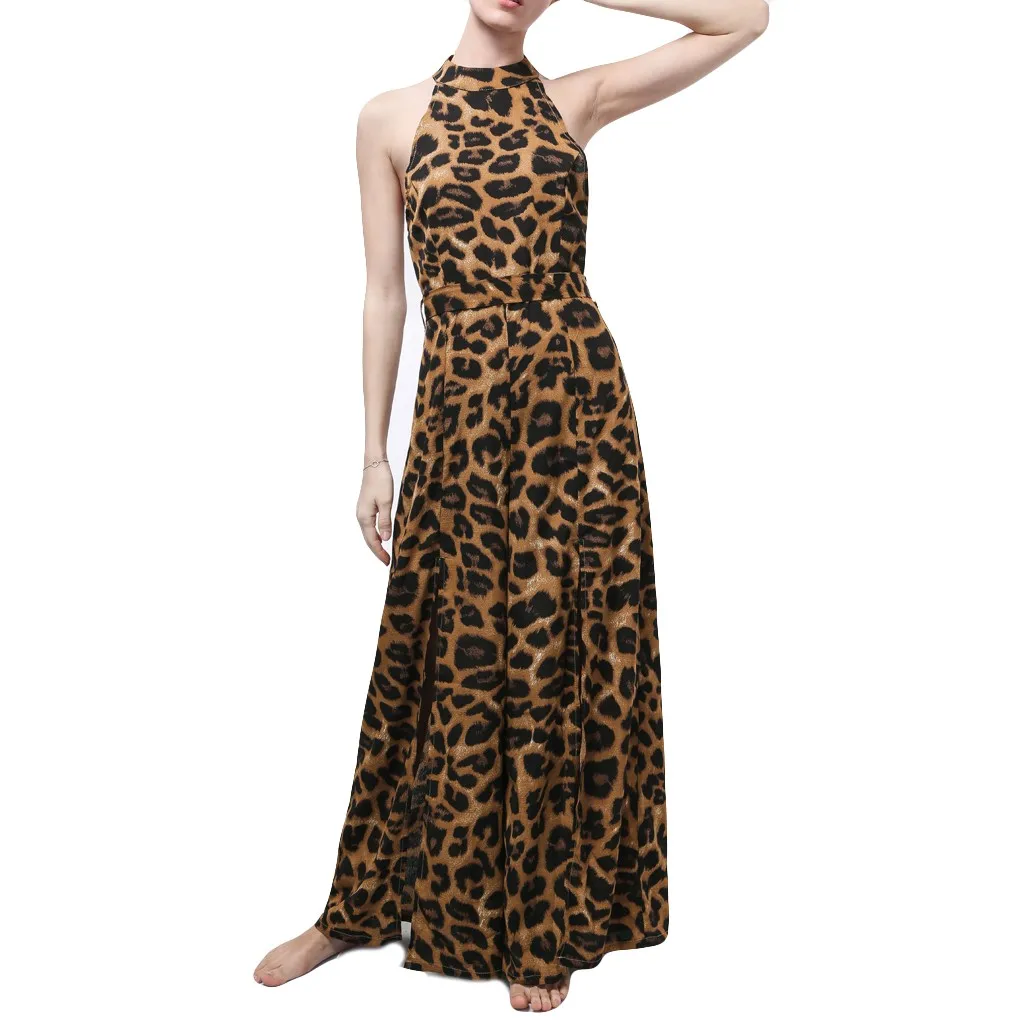 Летнее платье для женщин, прямое лоскутное платье без рукавов с высоким разрезом, женские леопардовые макси платья с открытой спиной Sukienki# LR2