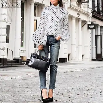 

Stylish Stand Collar Blusas Women's Spring Blouse ZANZEA 2020 Casual Polka Dot Printed Tops Female Puff Sleeve Shirts Oversized