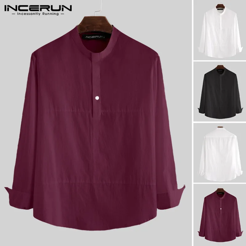 

Men Chinese Style Long Sleeve Cotton Shirt Brand Chic Solid Tops Stand Collar 2020 Men Business Casual Blouse Henley INCERUN