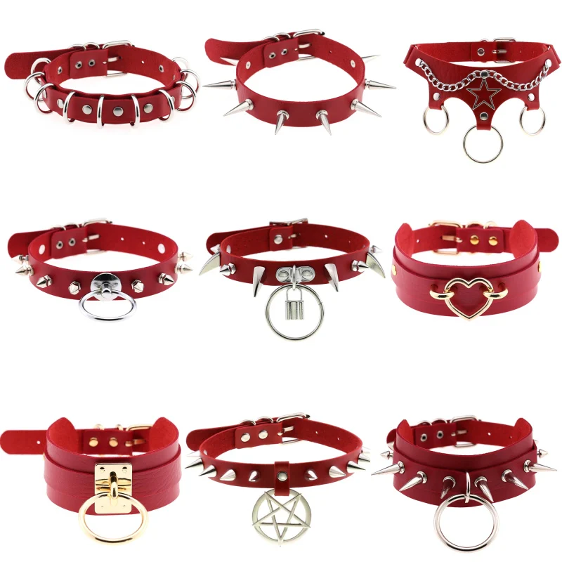 

Red 9 Types Sexy Punk Egirl Choker Collar Leather Choker SM Bondage Cosplay Goth Women Gothic Male Necklace Harajuku Accessories