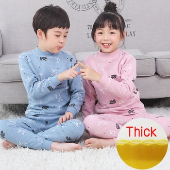 

Children's warm underwear Thick set thickened Winter Collar Cotton boy girl cotton baby pajamas three layers Middle collar