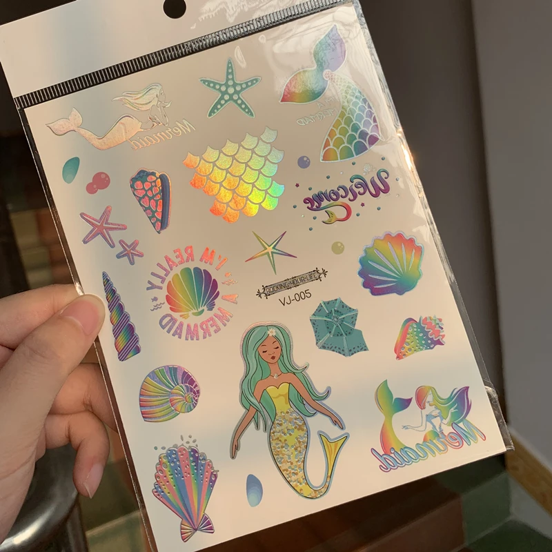Rocooart Новое поступление Красочная Русалка Laserholograp Татуировка Дети День рождения Декор Игрушки для шеи руки назад флэш-тату