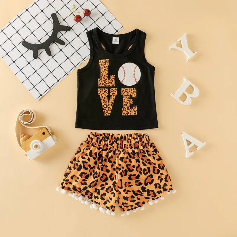Kids Girls Clothes Set Summer Casual T Shirt Sleeveless Baseball Tops Leopard Short Pants Kit Children Clothing Outfit 2pcs | Детская