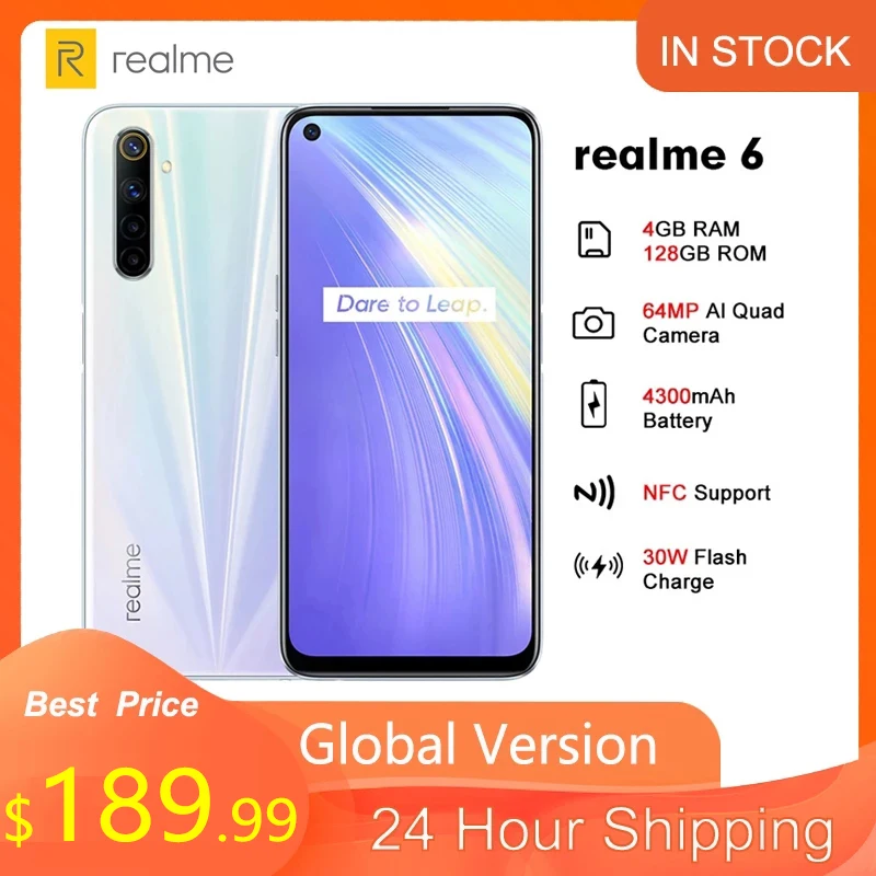 Realme 6 5 ''глобальная версия 4GB 128GB 90Hz дисплей Helio G90T 30W Flash Charge 4300mAh 64MP камера 4G NFC