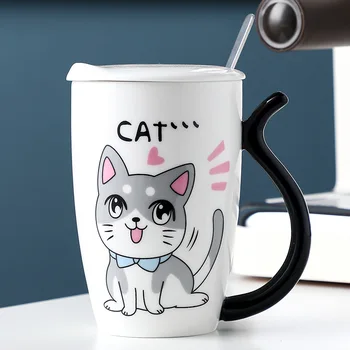 

380ml Cute Cartoon Cat Ceramic Mug with Lid Spoon Office Cup Japanese Couple Breakfast Milk Mugs Ladies Tea Cups
