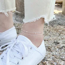 Xd093 корейский стиль S925 тонкие серебряные крутые простые универсальные бусины shuang ceng lian браслет-подвеска на ногу студенческие женские серебряные