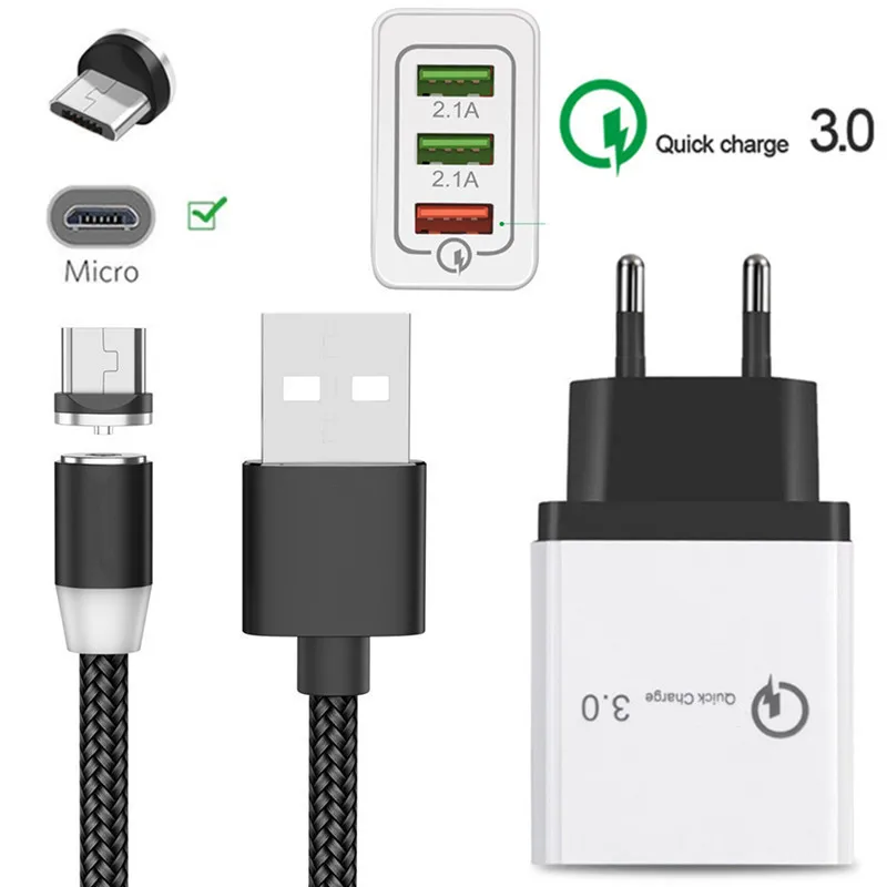 EU charger and cable Для samsung Galaxy J4 J6 J7 J8 S7 zte Blade L8 A5 Realme 3 Pro android мобильный телефон QC 3,0 быстрое зарядное устройство и магнитный Micro USB кабель - Тип штекера: EU charger and cable