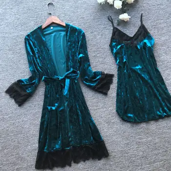 

Twinset Robe Set 2pcs For Female Sleepwear Lace Sexy Homewear Women Solid Green Velour Robe Kimono Gown Bride Wedding Robe