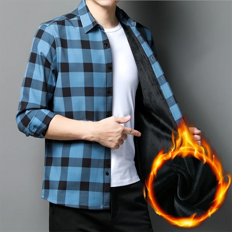 

Мужская клетчатая рубашка с длинным рукавом, утепленная Повседневная теплая куртка с бархатной подкладкой, Классические деловые рубашки для осени и зимы