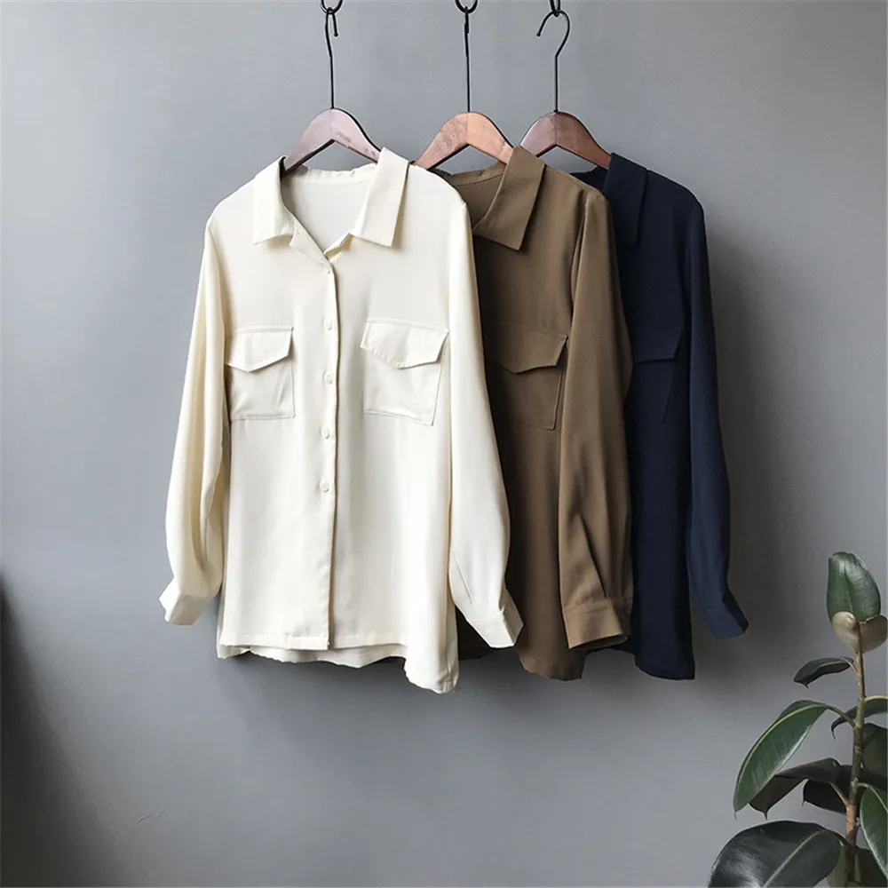Autumn Solid Women Blouse 2019 Casual Lapel Double Pockets Blouse Shirt Flannel Shirts Female Long Sleeve Tops Y0576 (1)