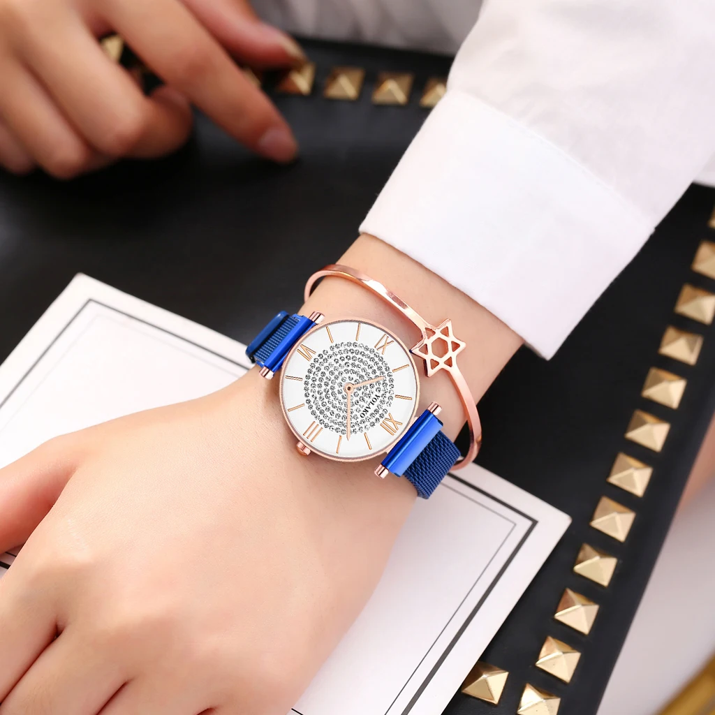Горячая Мода женские магнитные пряжки полностью алмазные часы Роскошные женские кварцевые часы из нержавеющей стали часы YOLAKO дропшиппинг