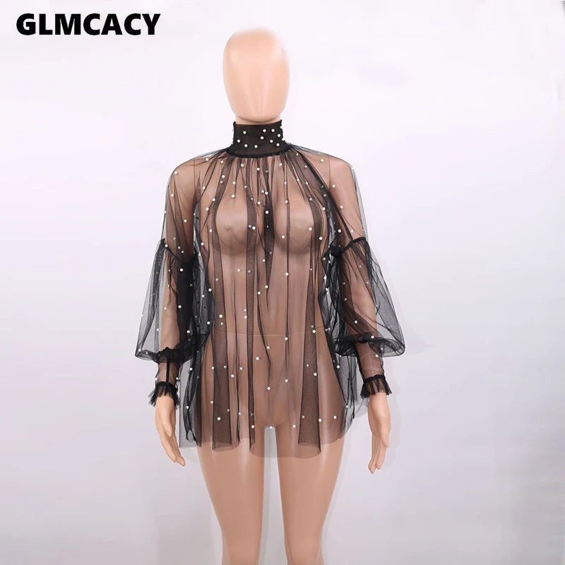 Женская шифоновая блузка с бисером на весну и лето, элегантная женская модная свободная сексуальная прозрачная модная блузка, Топ