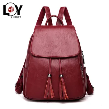 

New Tassel Quality Pu Leather Backpack Women Drawstring Bag Black Red Soft Solid Backpack Female Youth Bagpack For Teenage Girls