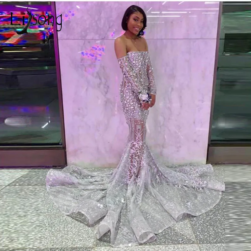 

Luxury Crystal Silver Mermaid Prom Dresses Off The Shoulder Full Sleeves Sexy See Thru Prom Gowns Lace Formal Dress