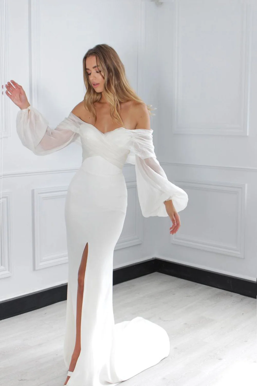 Mryarce 2022 Off The Shoulder Statement Sleeves Classic Crepe Wedding Dress Elegance Bridal Gowns bridesmaid dresses