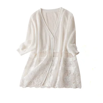 

Thin Linen Patchwork Lace Chic Women's Knitted Cardigans Single Breasted Three Quarter Sleeve Women's Free Knitted Sweater