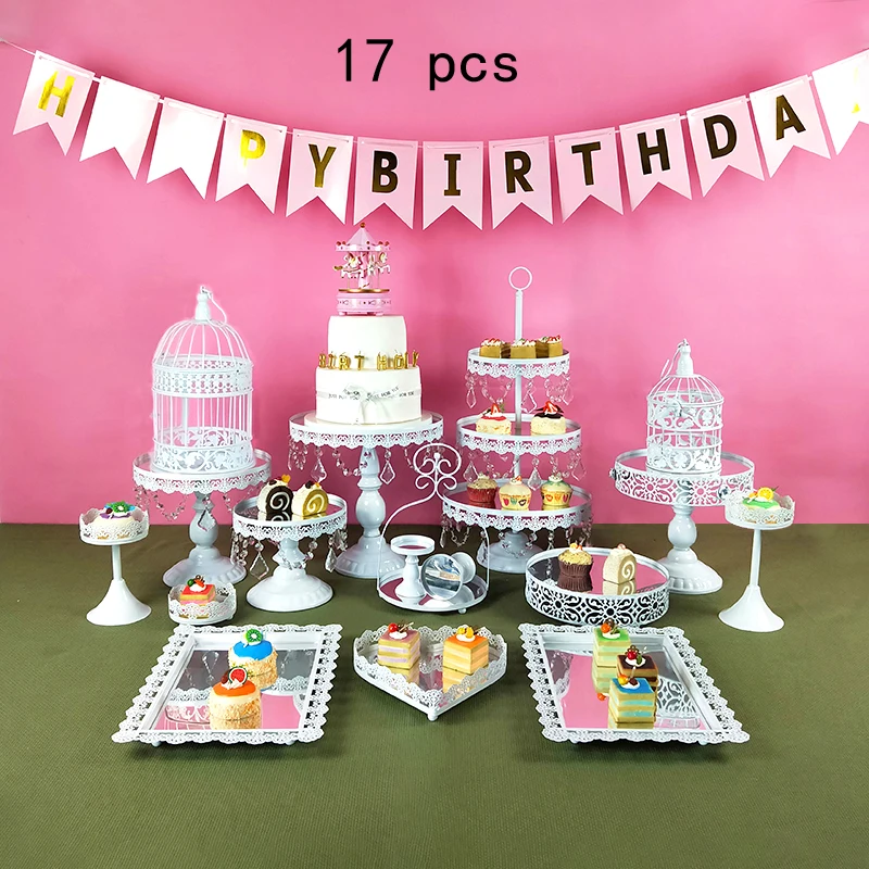 3-18pcs White Metal Cake Stand Set Mirror Crystal Cake Stands Dessert Display Wedding Cupcake Stand with Simple Design - Цвет: mirror 17 pcs