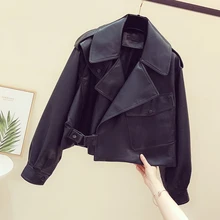 Aliexpress - Ailegogo Spring Women Short Pu Leather Jacket Moto Biker Oversized Turndown Collar Black Coat Vogue Lady Faux Leather Outwear