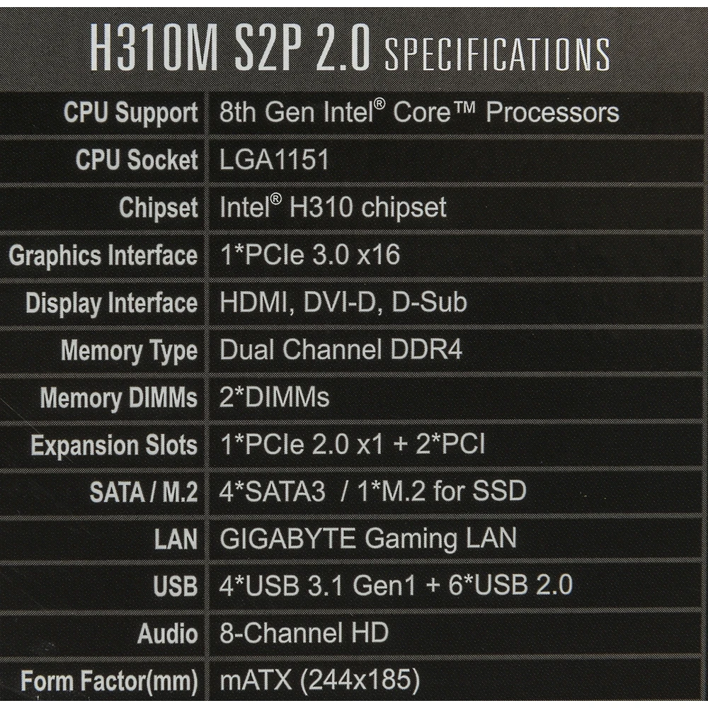 Материнская плата Gigabyte H310M S2P 2.0 Soc-1151v2 Intel H310C 2xDDR4 mATX AC`97 8ch(7.1) GbLAN+VGA