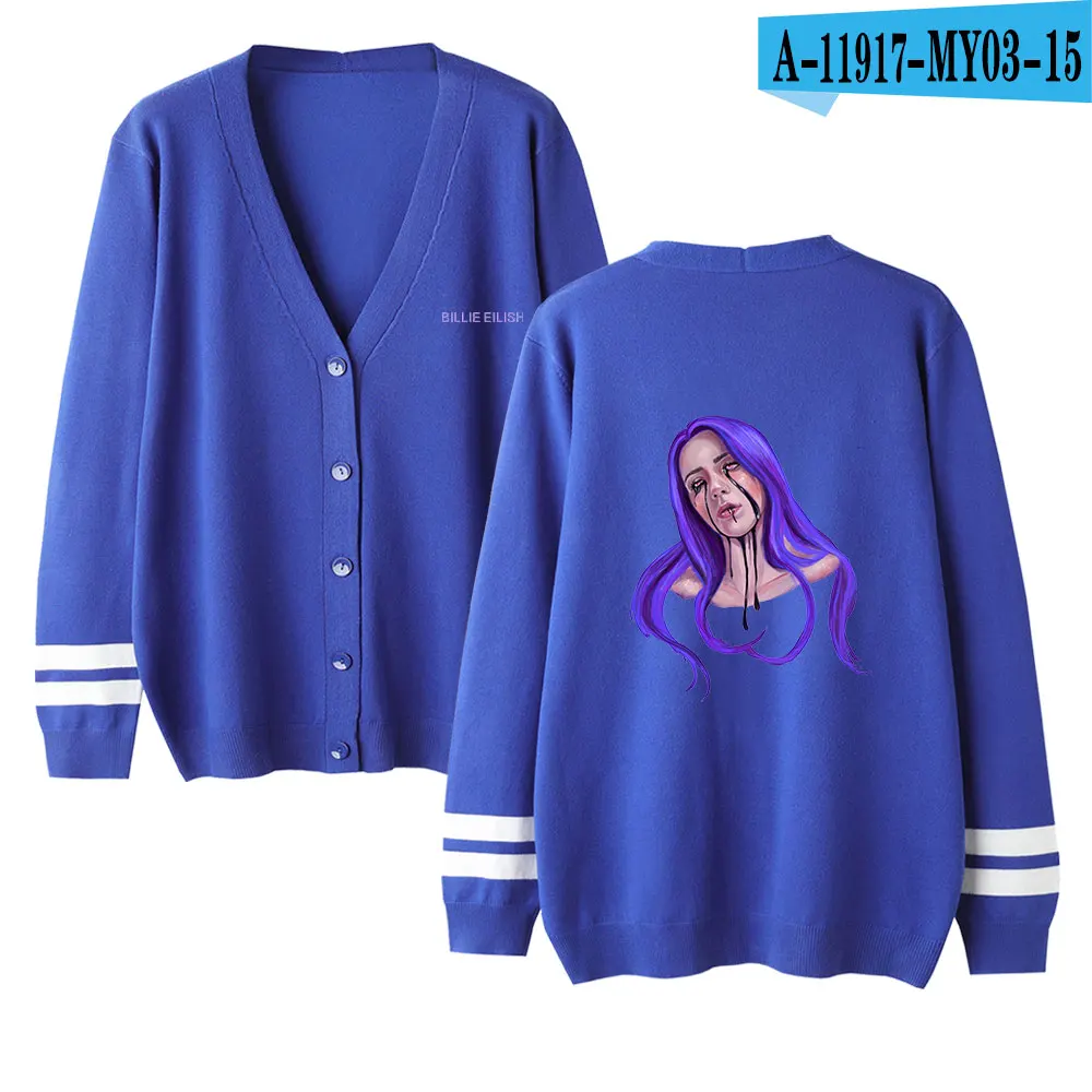 Kpop Billie Eilish женский свитер с v-образным вырезом, Одноцветный Свободный вязаный однобортный Кардиган, Повседневная вязаная одежда размера плюс, верхняя одежда - Цвет: blue