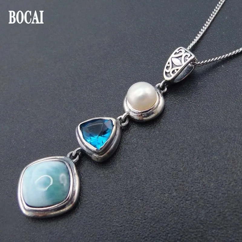 

BOCAI New 2021 Trendy Real s925 Silver Jewelry Retro Trendy Natural Sea Stone Fashion Woman Pendant Earring Set