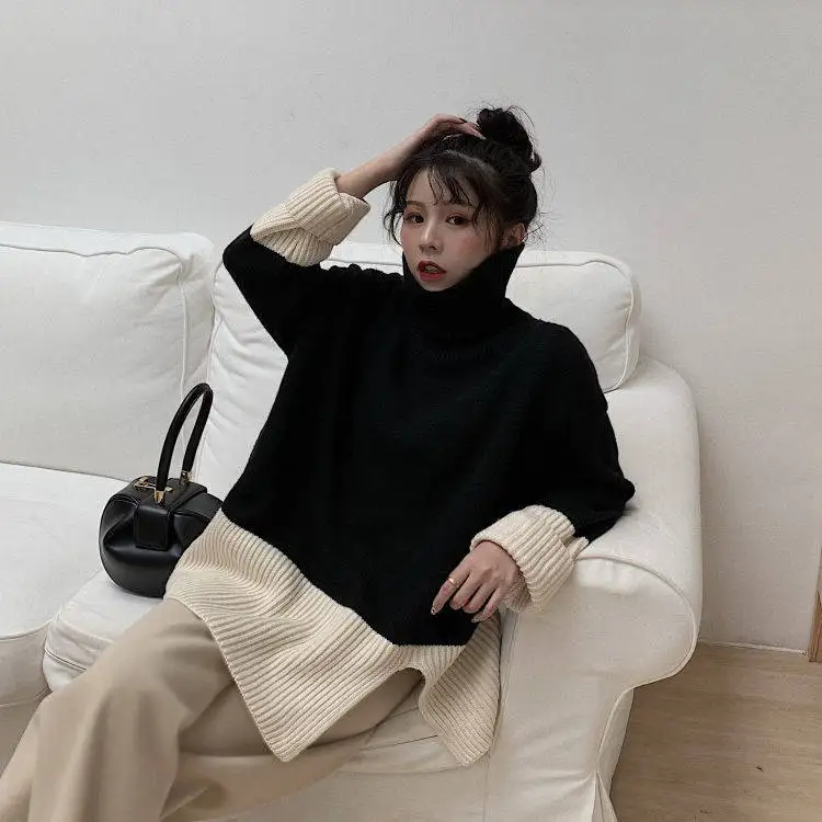 Woherb женский свитер, водолазка, пуловер с длинным рукавом, Повседневный, винтажный, контрастный цвет, вязанные топы, джемперы, Корейская Новая мода 90904